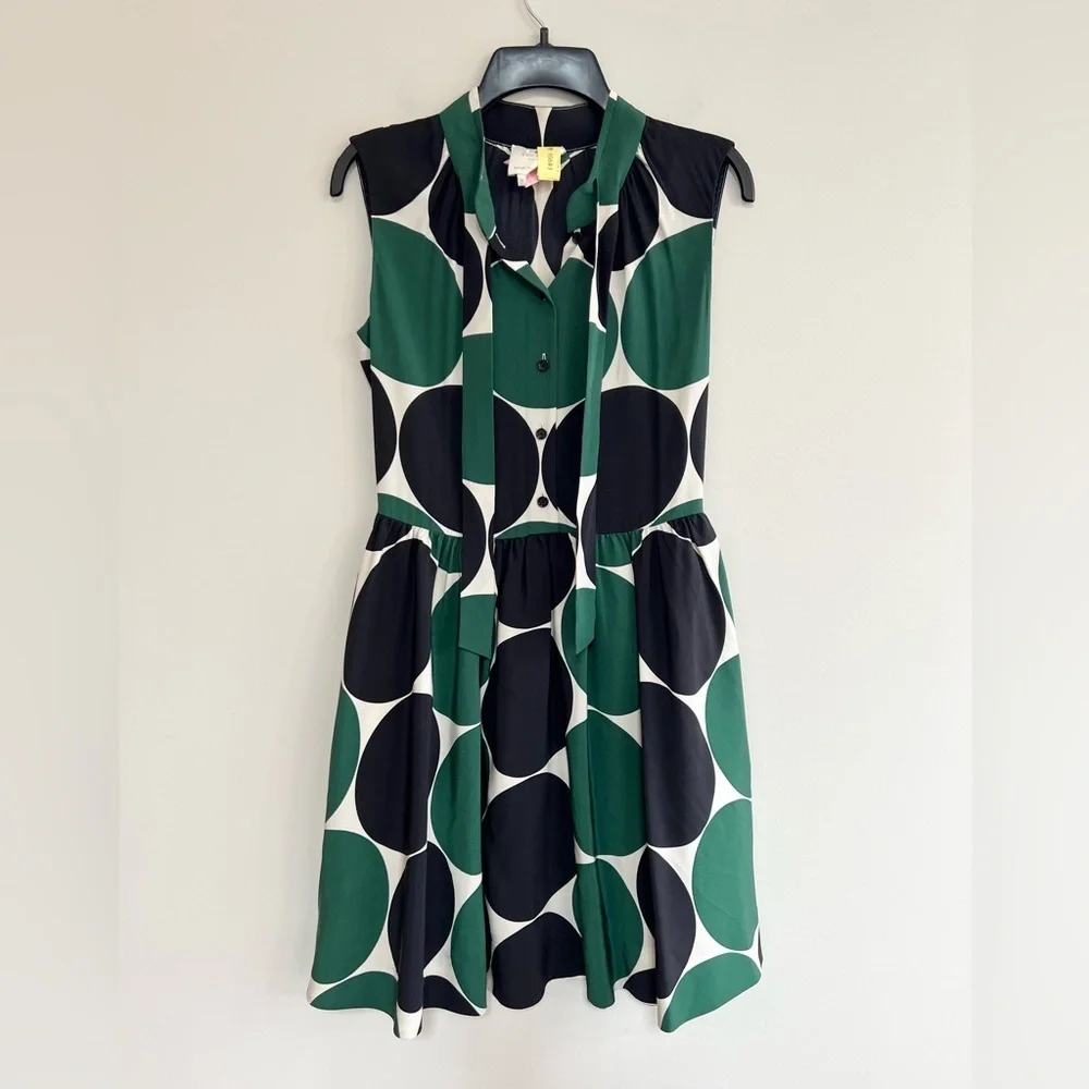 Kate Spade Willa Silk Sleeveless Tie Neck Dot A-Line Dress Green Black, size 0